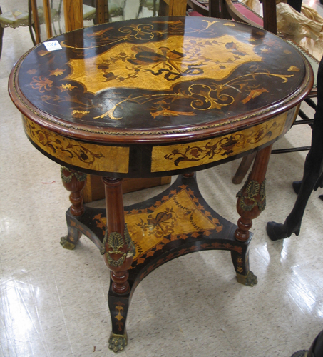 Appraisal: EMPIRE STYLE MARQUETRY LAMP TABLE having an inlaid oval top