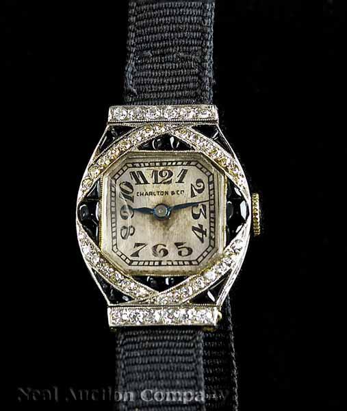 Appraisal: An English Art Deco Platinum Diamond and Onyx Lady's Wristwatch