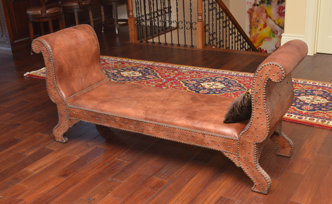 Appraisal: TOOLED LEATHER BANQUETTE BENCH Tooled and tacked leather on all