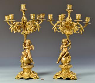 Appraisal: Pr Gilt Bronze Winged Cherub Candelabra on Rococo Base Pair