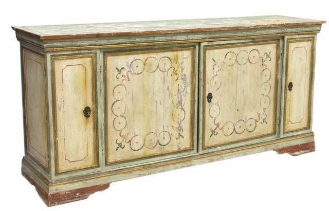 Appraisal: Rustic Italian paint decorated sideboard th c rectangular case fitted