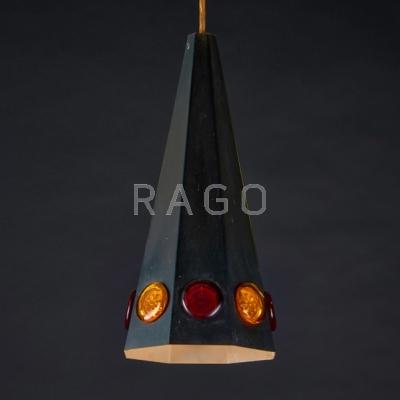 Appraisal: MEXICAN Pendant lamp Metal and colored glass Unmarked x x