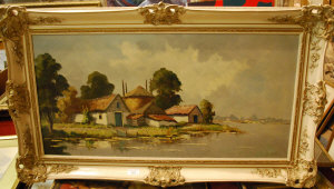 Appraisal: Magiys - Farmbuildings on lake shore indistinctly signed oil on