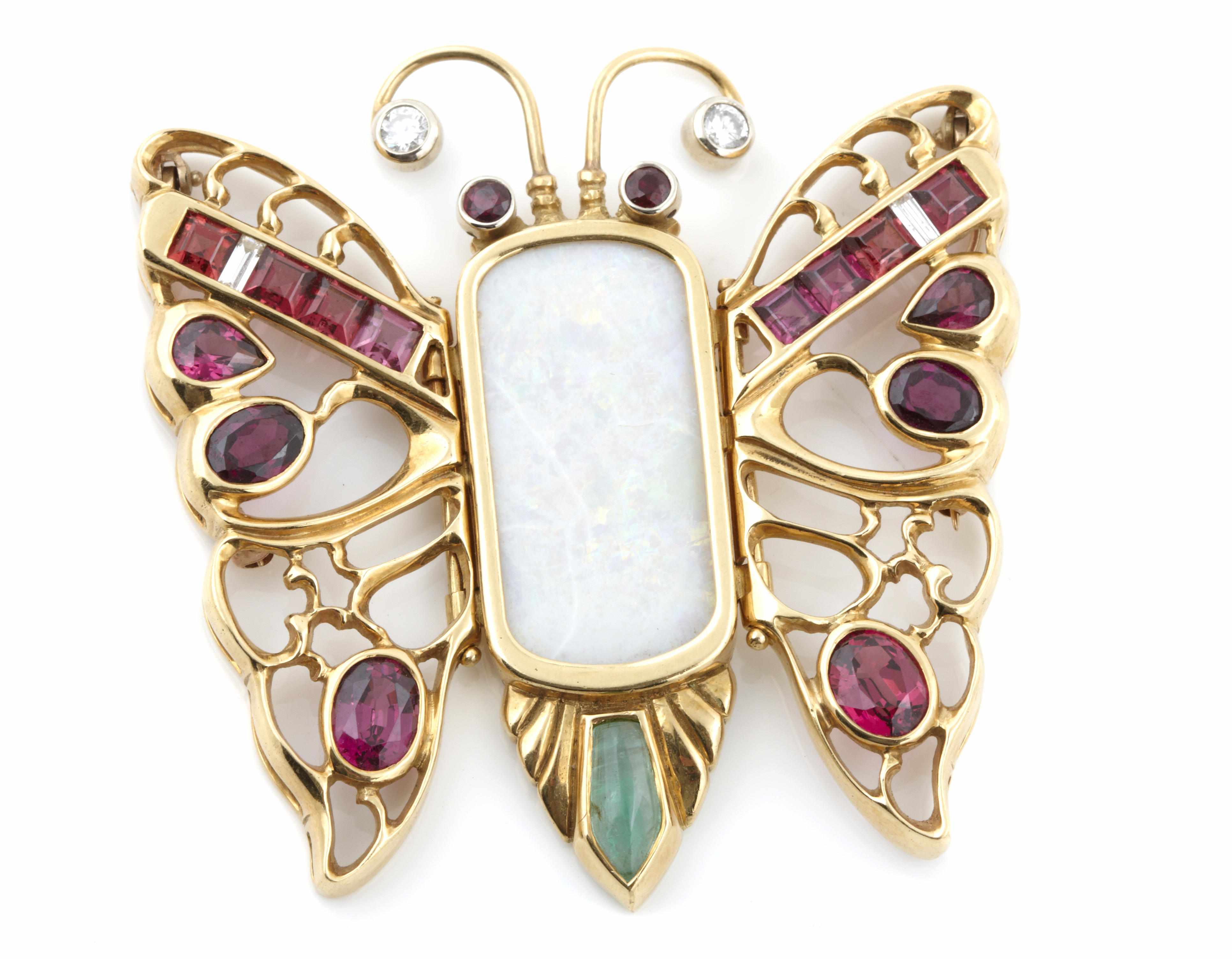 Appraisal: An opal garnet diamond and gold butterfly brooch dimensions x