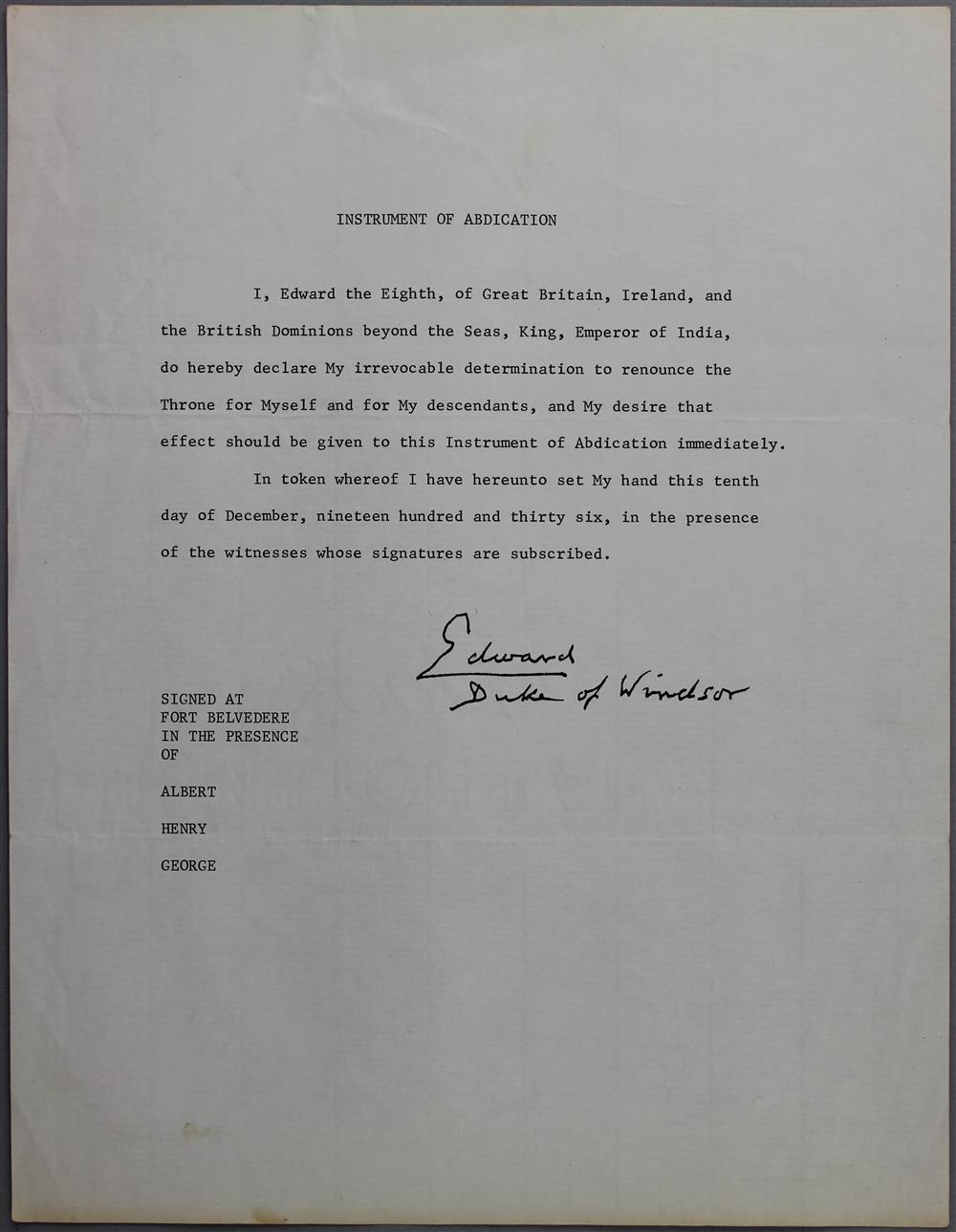 Appraisal: EDWARD DUKE OF WINDSOR INSTRUMENT OF ABDICATION souvenir typed document