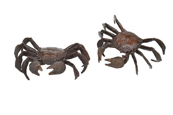 Appraisal: TWO CHINESE BRONZE ARTICULATED MODELS OF CRABS with pincers raised