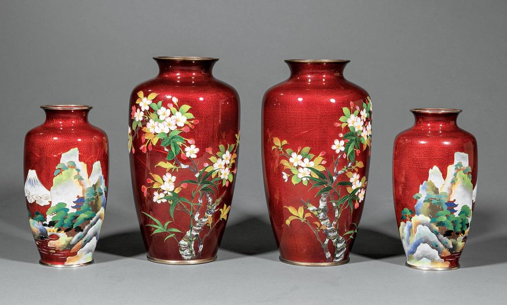 Appraisal: Two Pairs of Japanese Ginbari Cloisonne Vases larger with prunus