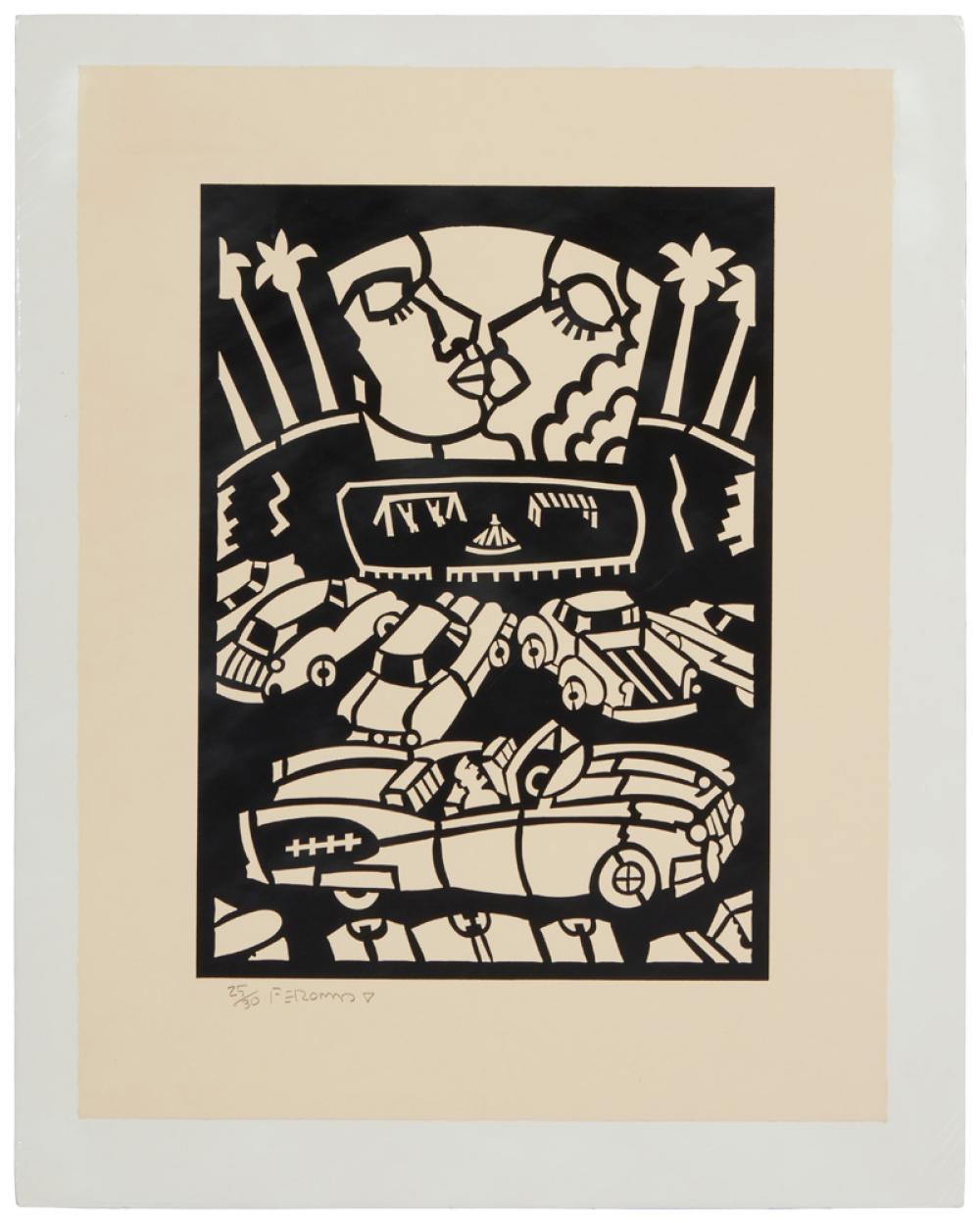 Appraisal: Frank Romero b Palm Drive-In Woodcut on cream paper Edition