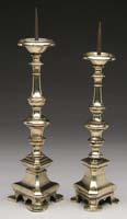 Appraisal: TWO EARLY TRIANGULAR SHAPED PRICKET CANDLESTICKS Of Continental origin mid