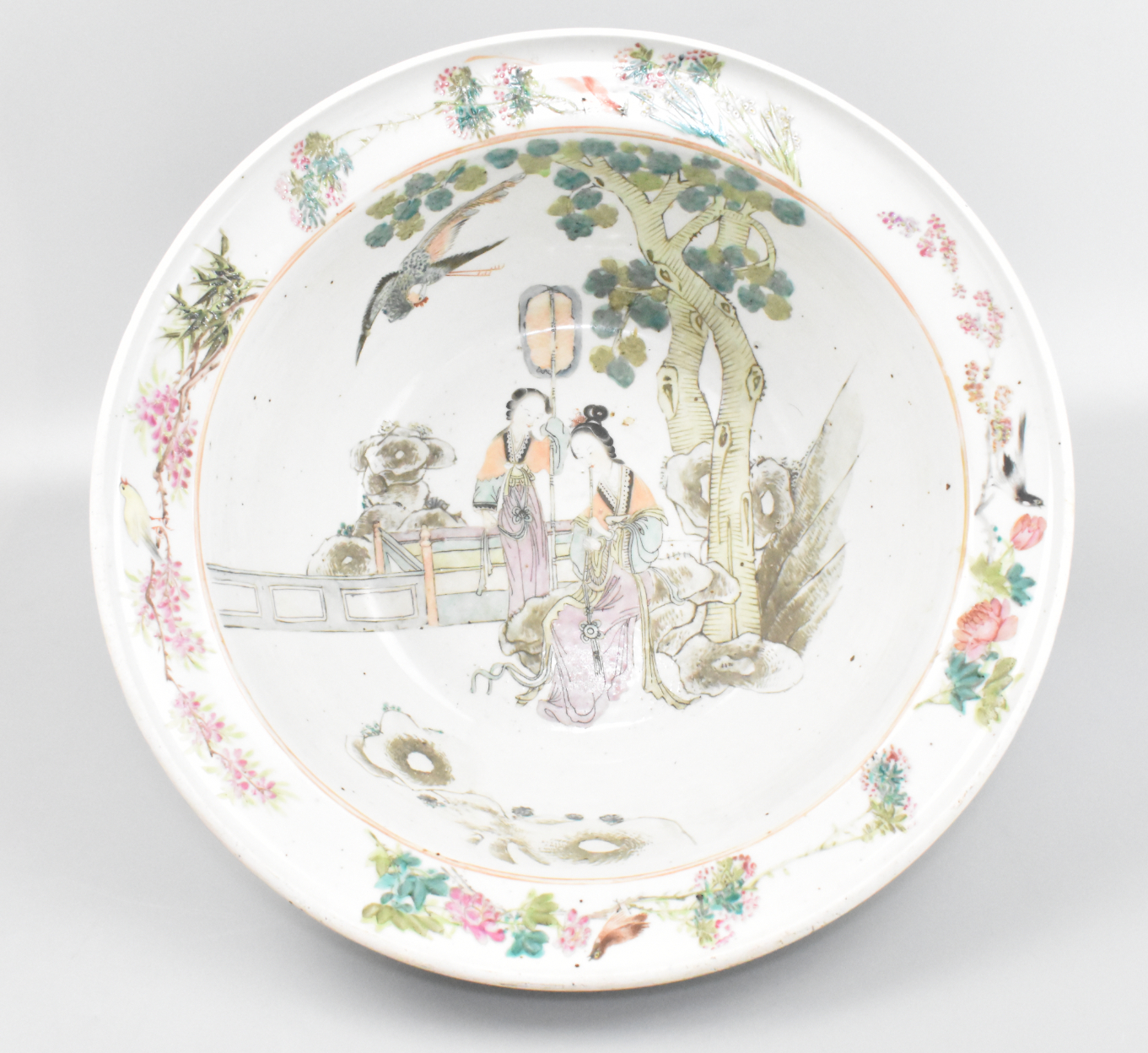 Appraisal: Chinese th C large basin decorated with two ladies sitting