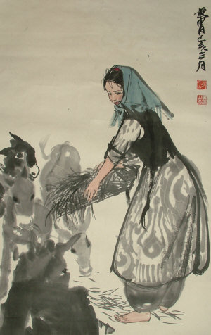 Appraisal: Oriental School mid-late th century- Girl feeding donkeys black and