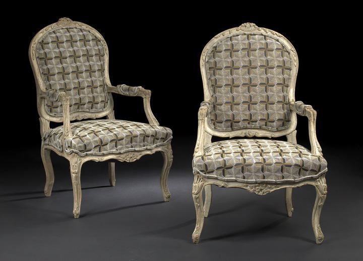 Appraisal: Good Pair of Louis XV-Style Cream-Painted Beechwood Fauteuils third quarter