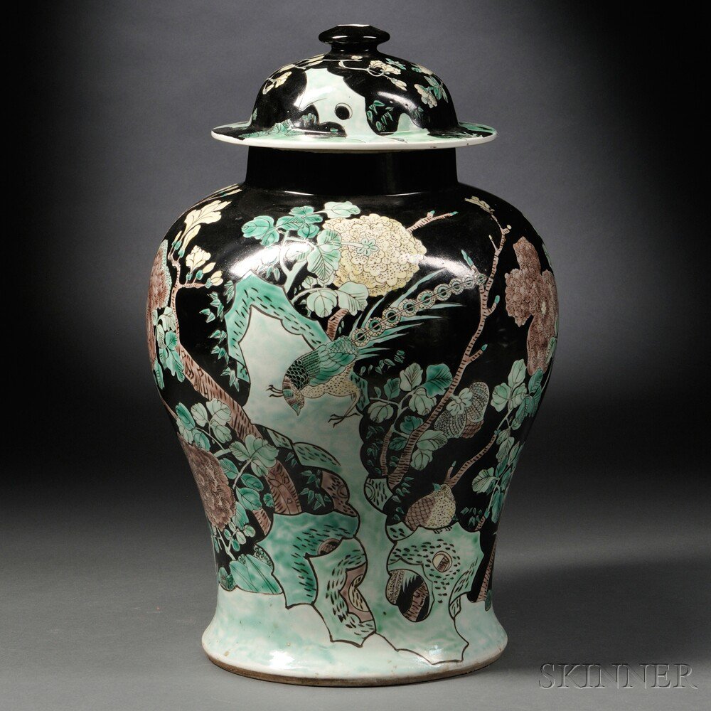 Appraisal: Famille Noire Covered Temple Jar China th century baluster-form decorated