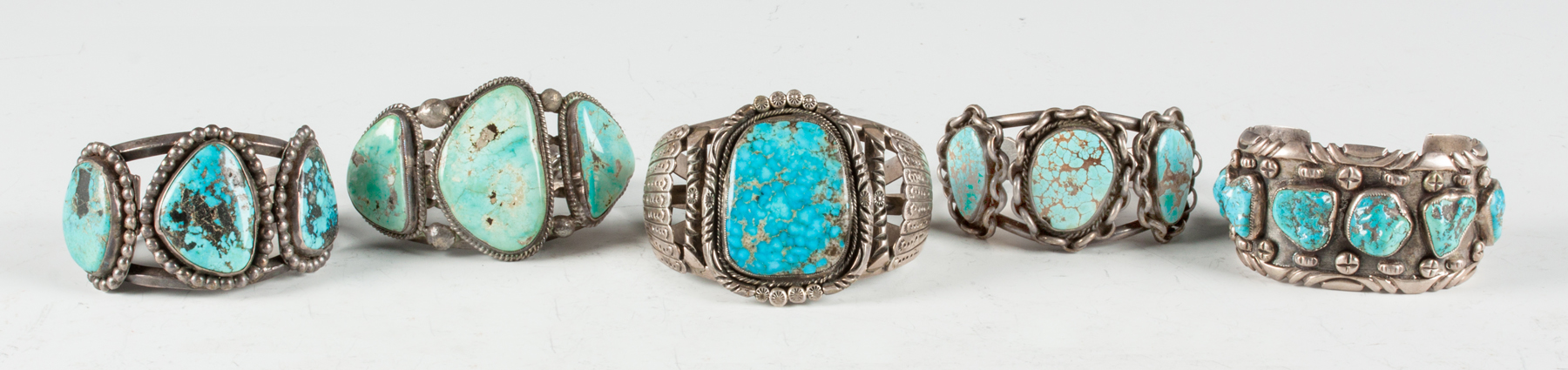 Appraisal: Five Vintage Navajo Silver Turquoise Bracelets ozt incl stones One