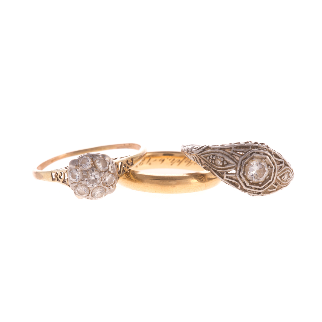 Appraisal: A Trio of Lady's Diamond Filigree Rings Platinum filigree ring