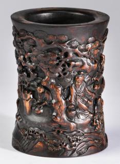 Appraisal: Chinese carved brush pot with scholar h Chinese carved brush