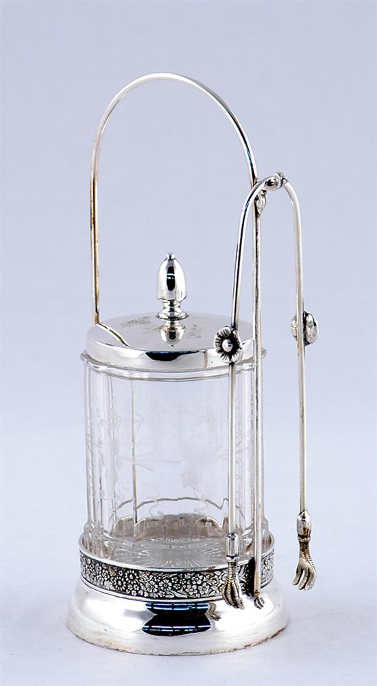 Appraisal: English silverplate and etched crystal pickle caster covered paneled cylinder