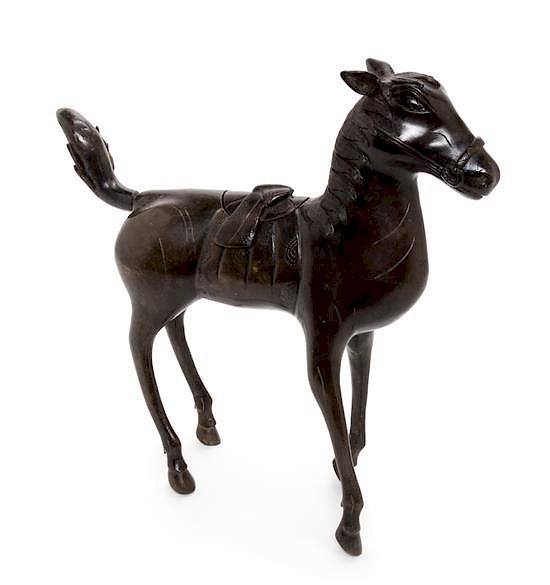 Appraisal: A Bronze 'Horse' Censer and Cover Height inches A Bronze