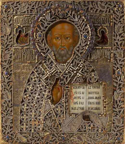 Appraisal: Antique Jeweled Russian Icon of St Nicholas th century the