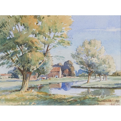 Appraisal: A C Bown - Summer River Landscape with Houses Beyond