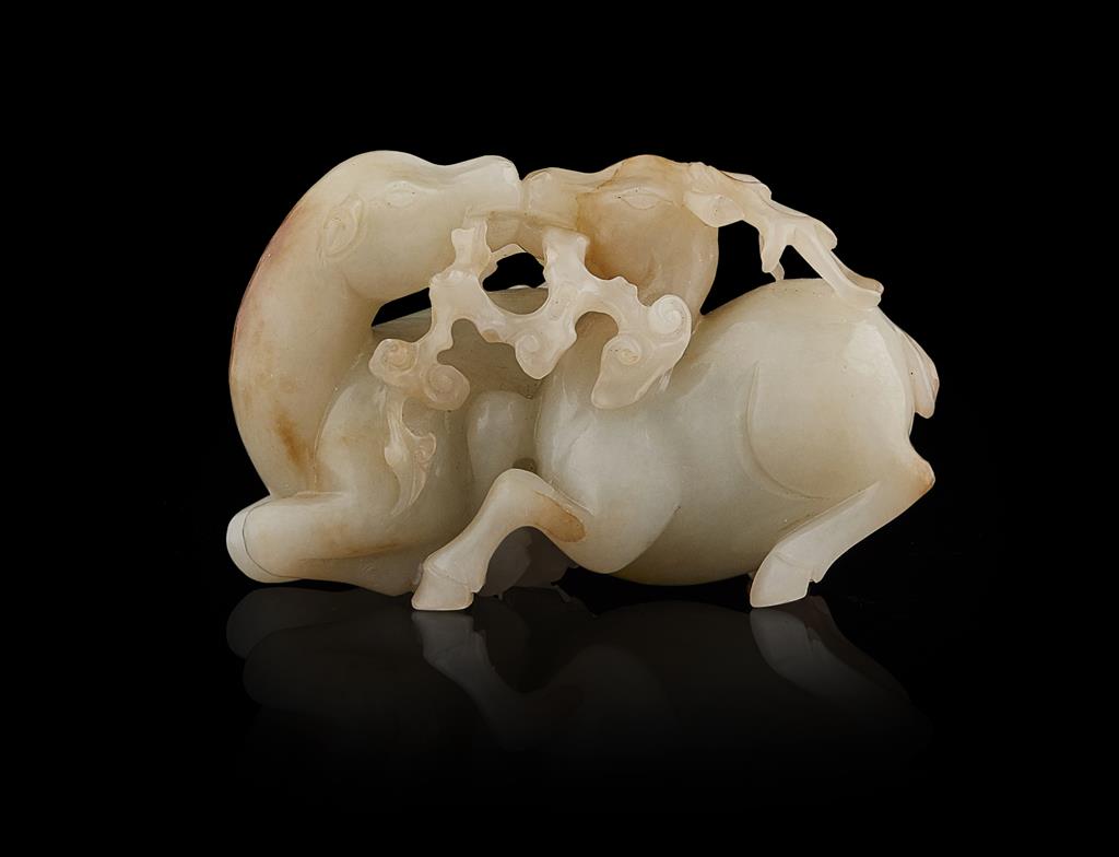 Appraisal: CARVED CELADON JADE GROUP OF A PAIR OF DEER TH