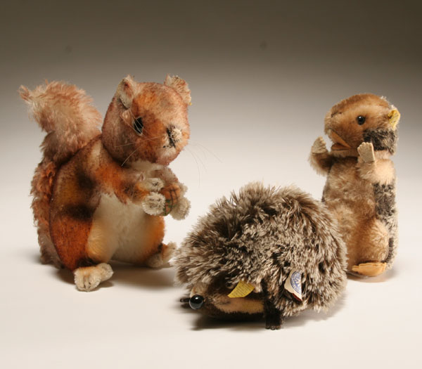 Appraisal: Three Steiff animals with tags squirrel hedgehog and beaver Squirrel