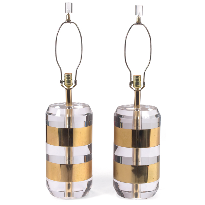 Appraisal: s table lamps pair solid Lucite with horizontal brass bands