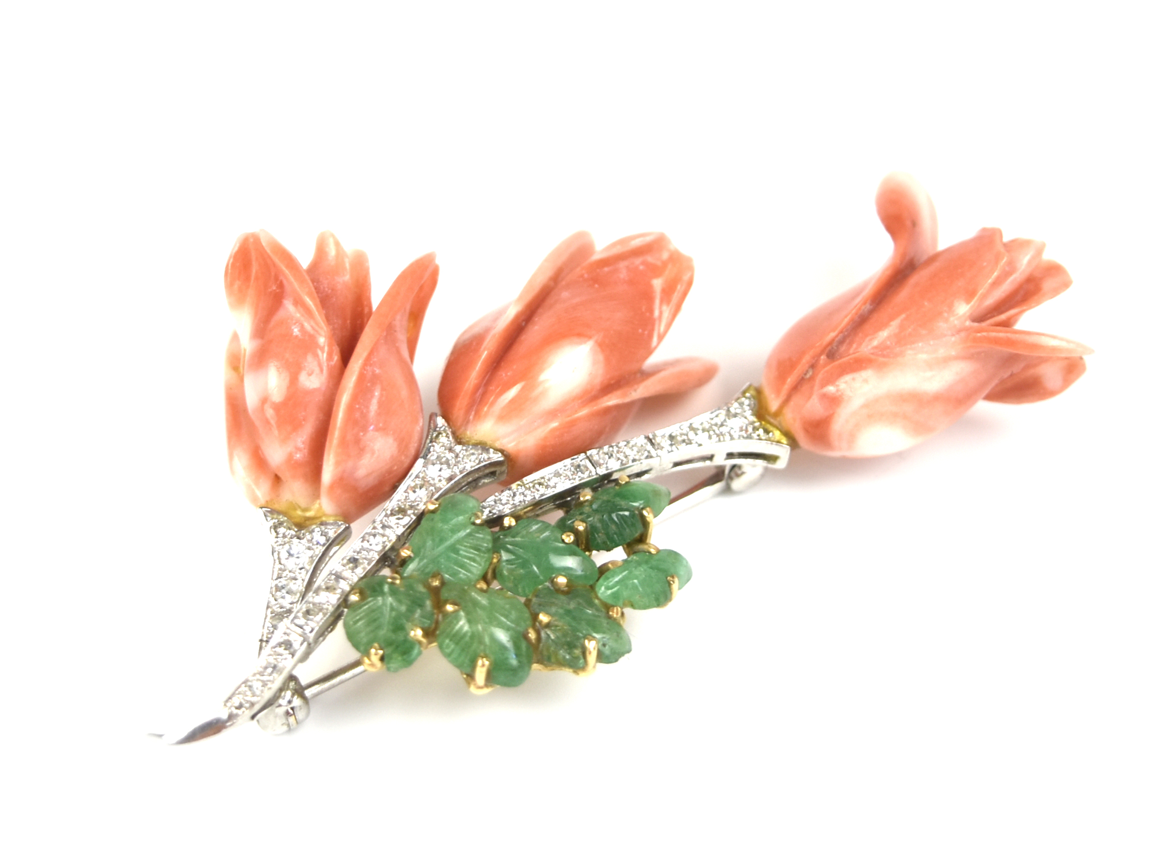 Appraisal: A Jewelry Brooch with Coral Jadeite and Diamonds D cm