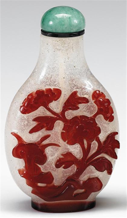 Appraisal: Good Chinese red on clear glass overlay snuff bottle th