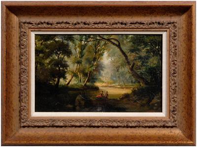 Appraisal: Barbizon School painting two figures fishing in a river unsigned