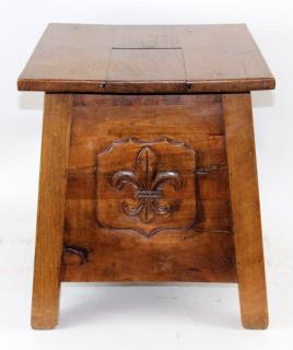 Appraisal: French Provincial oak lidded stool salt bin with fleur de