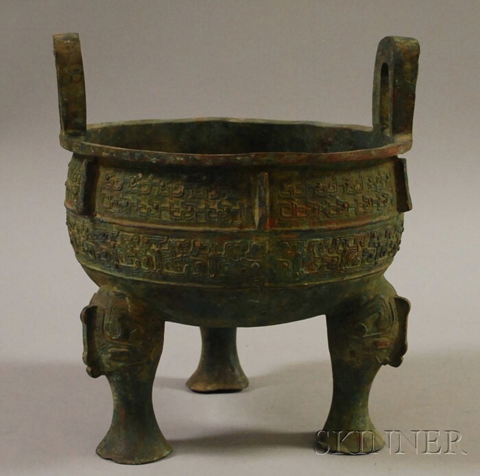 Appraisal: Archaic-style Patinated Cast Bronze Footed Censer overall ht wd in