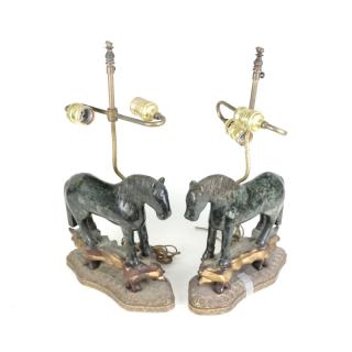 Appraisal: Pair of Chinese Hardstone Horse Lamps Pair of Chinese hardstone