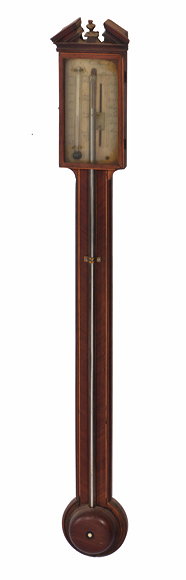 Appraisal: A GEORGE III MAHOGANY STICK BAROMETER the break pediment with