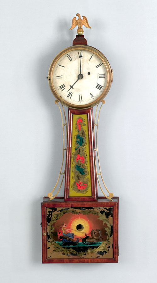 Appraisal: Massachusetts Federal mahogany banjo timepiece ca with brass side arms