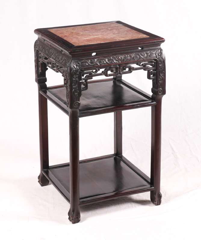 Appraisal: SQUARE MARBLE INSET CARVED ORIENTAL STAND Square top with inset