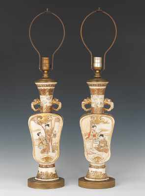 Appraisal: A Pair of Fine Vintage Satsuma Lamps Unusual shape with