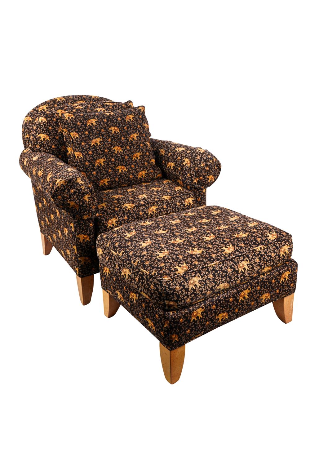 Appraisal: ELEPHANT MOTIF UPHOLSTERED CHAIR OTTOMANchair with removable cushion inches wide