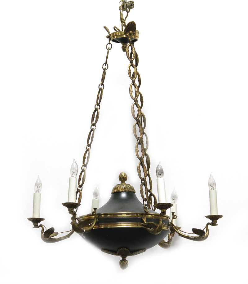 Appraisal: Empire style brass and painted-metal six-light chandelier H Dia Provenance