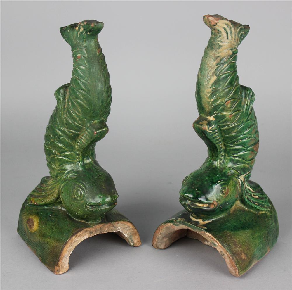 Appraisal: PAIR OF CHINESE GREEN-GLAZED ROOF TILES MING DYNASTY each formed