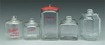 Appraisal: Five glass advertising jars Lance s with glass lid in