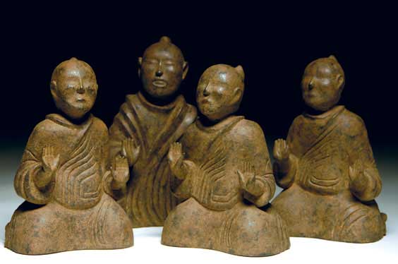 Appraisal: FOUR QIN SUI POTTERY GAMBLERS Group of four unusual and