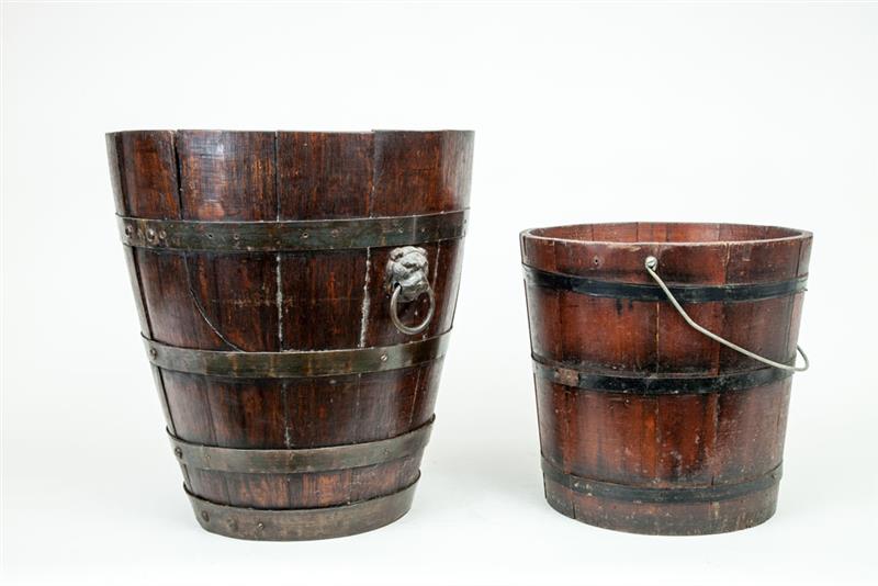 Appraisal: Metal-Banded Oak Bucket and a Metal-Banded Pine Bucket with Swing