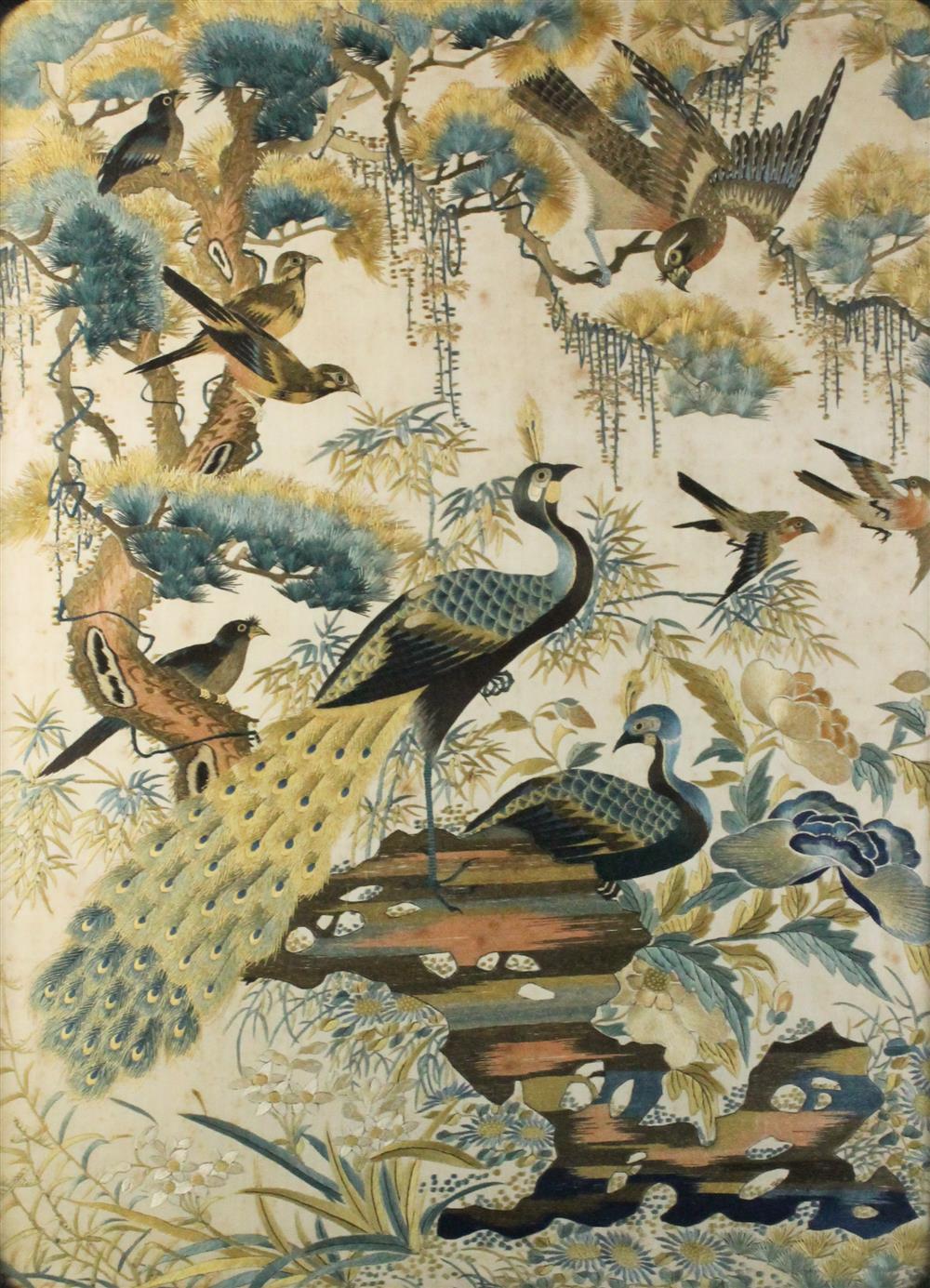 Appraisal: CHINESE FRAMED SILK EMBROIDERED PANEL the silk rectangle embroidered with