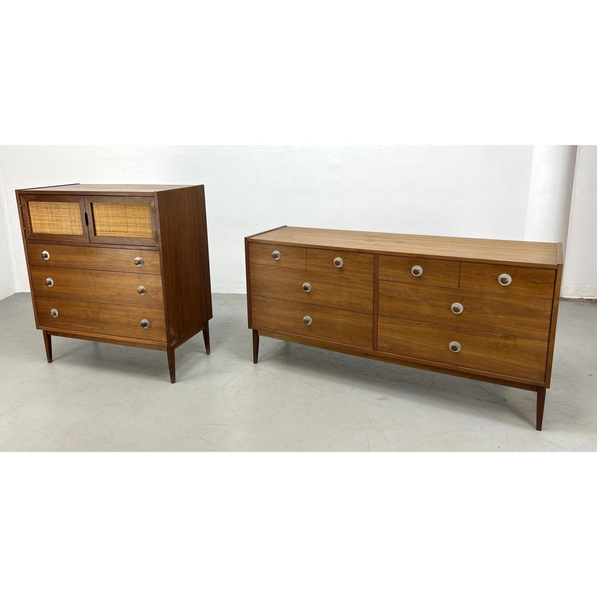 Appraisal: American Modern Walnut Chests Dressers Stylish m metal and wood