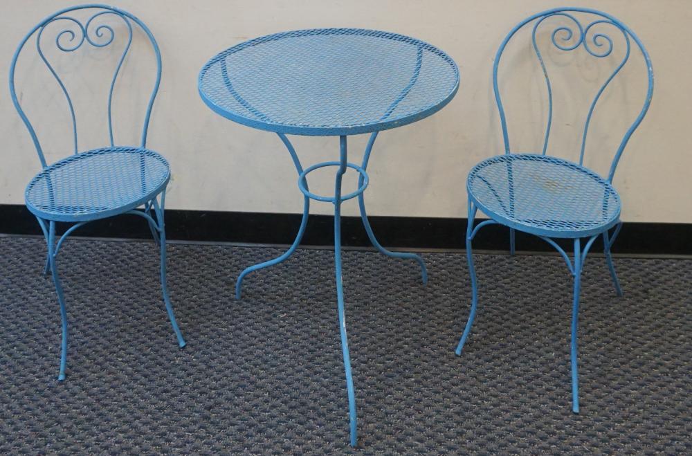 Appraisal: BLUE PAINTED METAL TABLE AND PAIR SIDE CHAIRSBlue Painted Metal