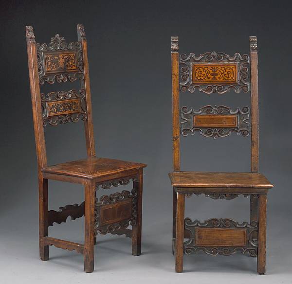 Appraisal: Two similar Italian Baroque marquetry and walnut chairs late th