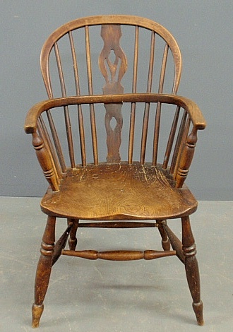 Appraisal: - English yew-wood Windsor armchair with baluster turned arm supports