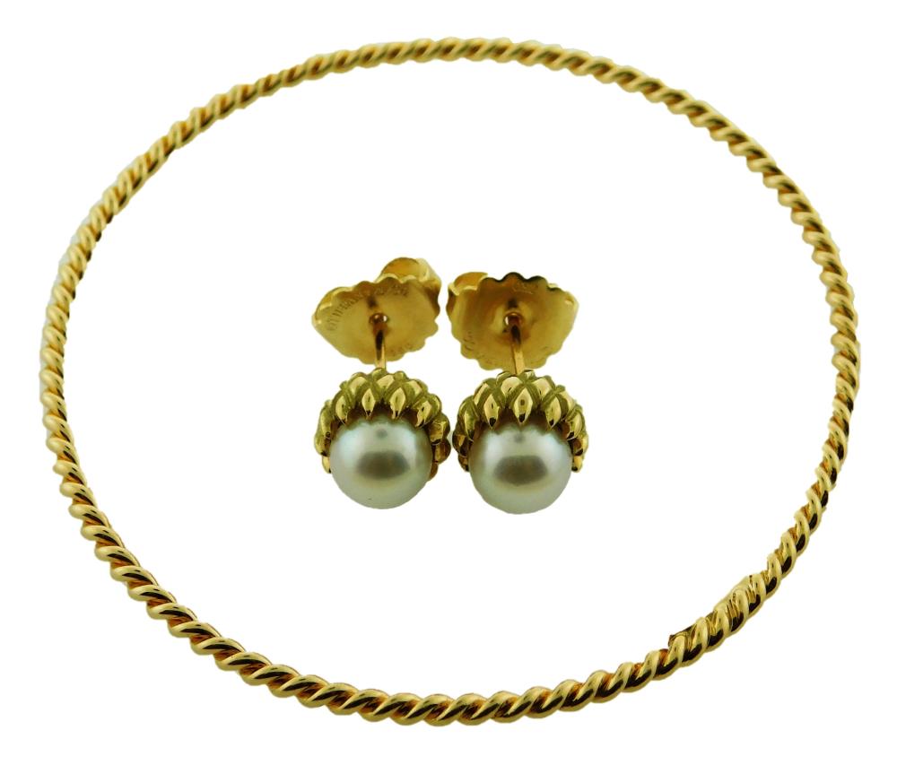 Appraisal: JEWELRY K Tiffany Co Bracelet and Pearl Earrings Acorn style