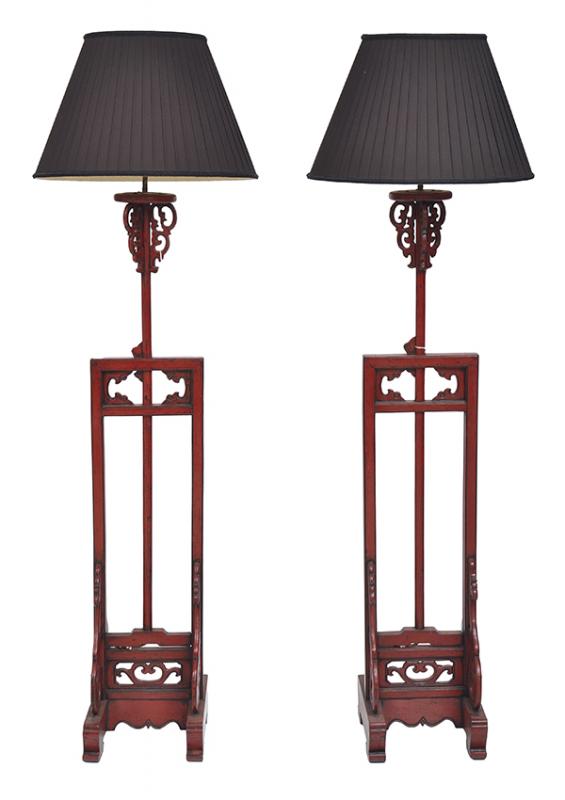 Appraisal: A PAIR OF CHINESE RED LACQUERED STANDARD LAMPS WITH PLEATED